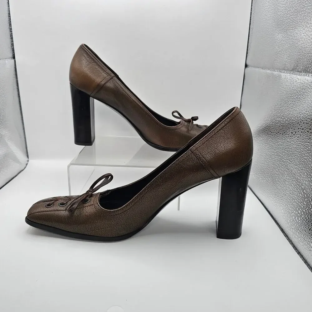Miu Miu Vintage 90s Brown Leather Lace Up Corset Square Toe Pump Heels 40 9